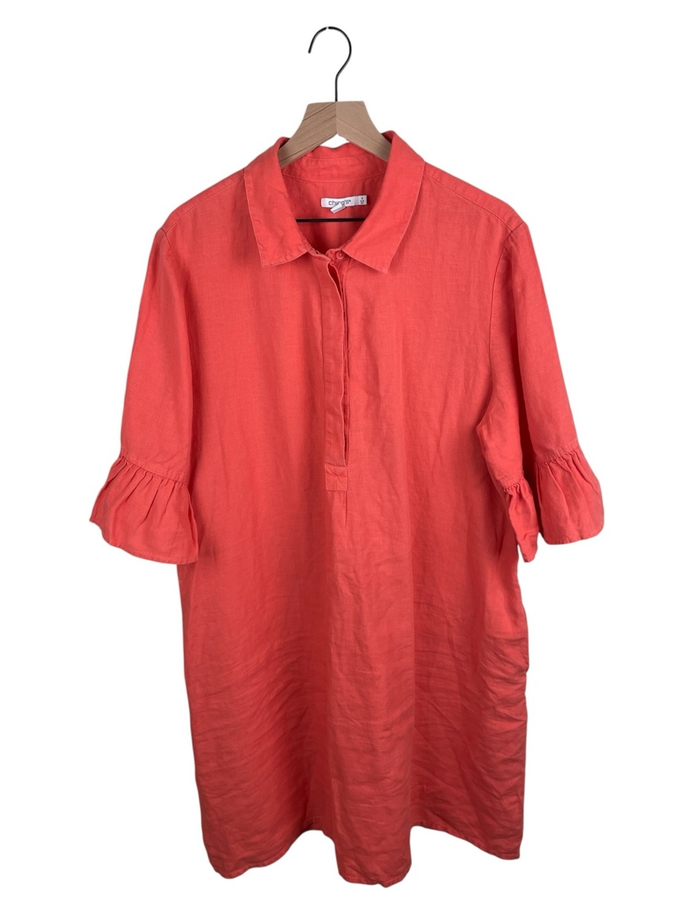 Chico's Linen Fluted Ruffle Sleeve Short Dress Size 4 US 20 Coral Orange Preppy